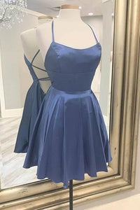 Blue Homecoming Dress 2023 Short Spaghetti Straps Satin Corset Back