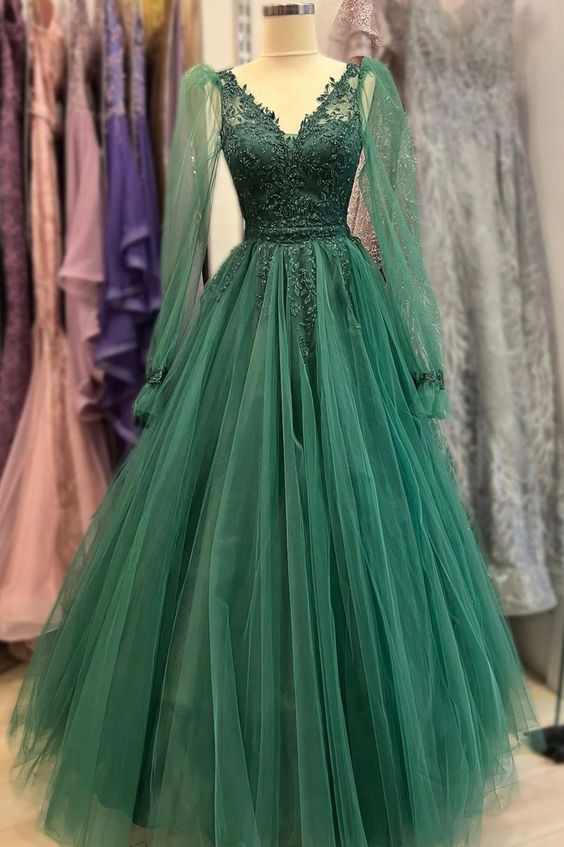 Dark Green Prom Dress 2024 V Neck Beaded Tulle Long Sleeves 2 / Custom Color