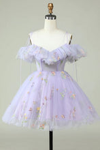 Load image into Gallery viewer, Lilac Prom Dress 2024 Short Off the Shoulder Floral Tulle