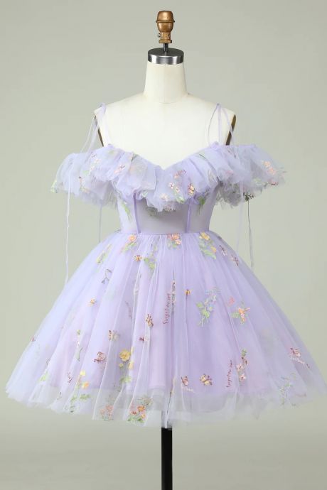 Lilac Prom Dress 2024 Short Off the Shoulder Floral Tulle