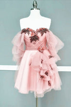 Load image into Gallery viewer, Pink Prom Dress 2024 Short Off the Shoulder Beaded Tulle