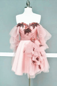 Pink Prom Dress 2024 Short Off the Shoulder Beaded Tulle