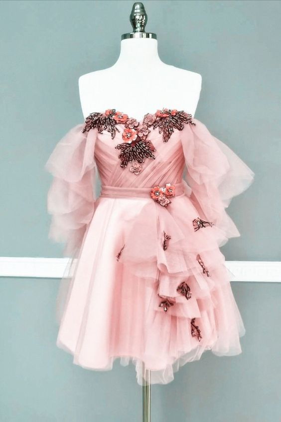 Pink Prom Dress 2024 Short Off the Shoulder Beaded Tulle