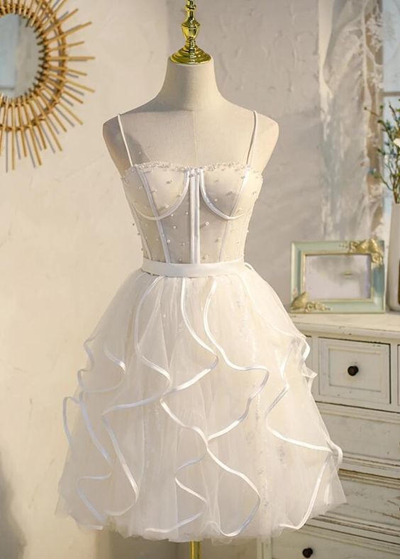 White Prom Dress 2024 Short Spaghetti Straps Beaded Tulle Custom Size / Blue White Prom Dress 2024 Short Spaghetti Straps Beaded Tulle Custom Size / Blue