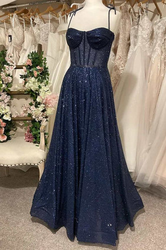 Navy Blue Prom Dress 2024 Spaghetti Straps Sequin