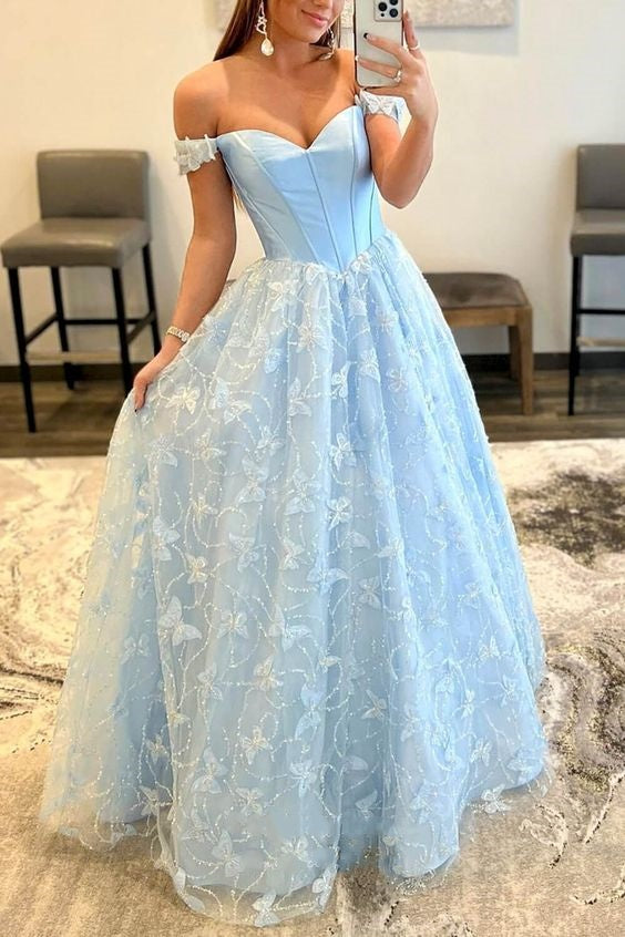 Light Blue Prom Dress 2024 Off the Shoulder Tulle Butterfly 18W / Custom Color Light Blue Prom Dress 2024 Off the Shoulder Tulle Butterfly 18W / Custom Color