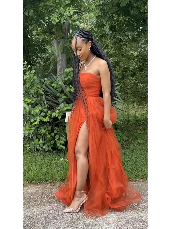 Strapless Burnt Orange Tulle Prom Dress 2025 with Slit – AnnaCustomDress