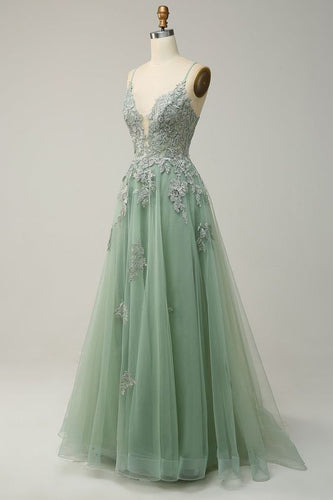 Green Prom Dress 2024 Spaghetti Straps Tulle Lace Appliques