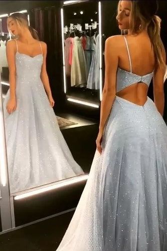Sky Blue Prom Dress 2024 Spaghetti Straps Tulle Sparkly
