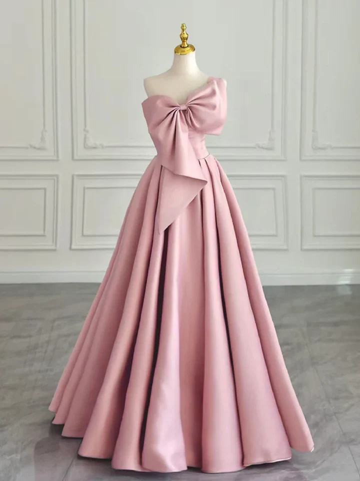 Strapless Pink Prom Dress 2025 with Big Bow in Front 10 / Custom Color Strapless Pink Prom Dress 2025 with Big Bow in Front 10 / Custom Color