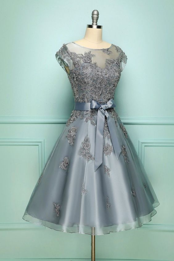 Grey Homecoming Dress 2023 Short Illusion Neck Tulle Lace Appliques AnnaCustomDress Grey Homecoming Dress 2023 Short Illusion Neck Tulle Lace Appliques AnnaCustomDress