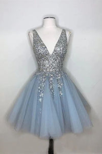 Fairy Homecoming Dress 2023 Short V Neck Sleeveless Sequined Tulle with Pleats