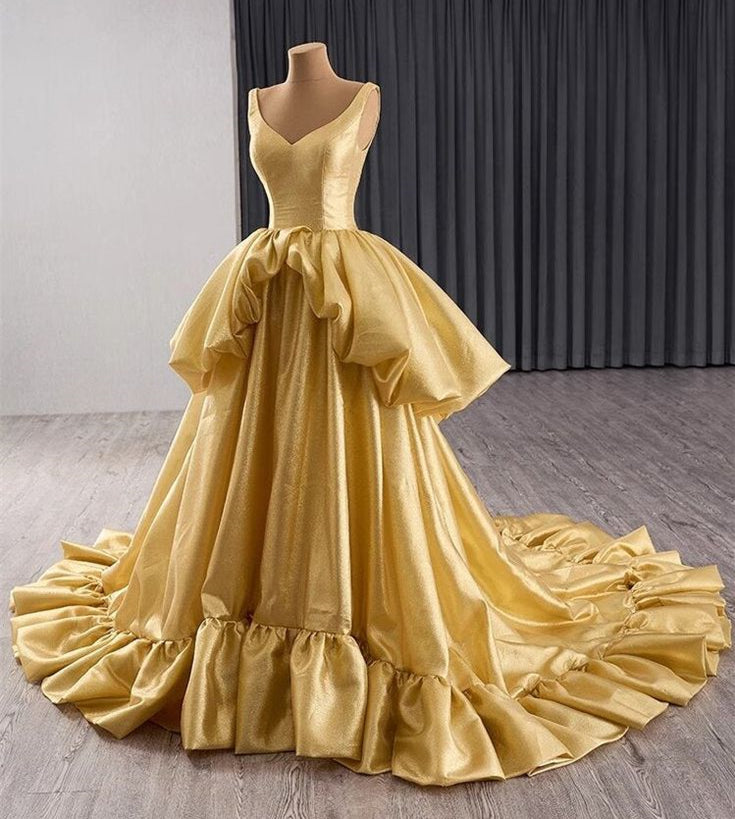 V-neck Gold Prom Dress 2025 Ruffles Skirt 10 / Blue V-neck Gold Prom Dress 2025 Ruffles Skirt 10 / Blue