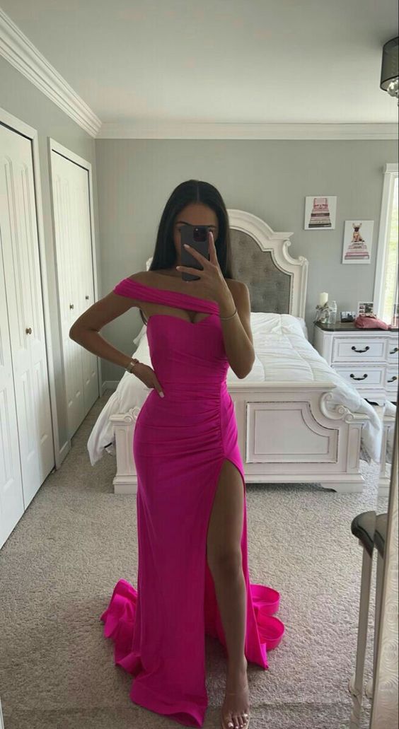 Hot Pink Prom Dress 2024 One-shoulder Satin with Slit