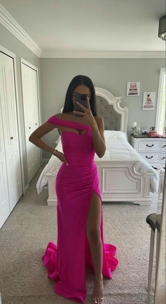Hot Pink Prom Dress 2024 One-shoulder Satin with Slit – AnnaCustomDress