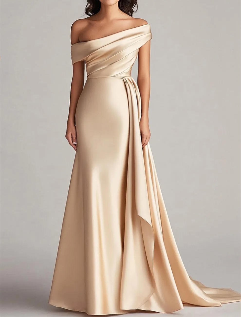 Champagne Satin Prom Dress 2025 Side Draping – AnnaCustomDress