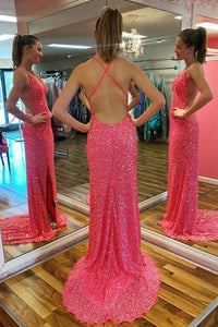 Hot Pink Prom Dress 2024 Halter Neck Sequin Mermaid