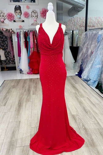 Red Prom Dress 2024 Cowl Neck Sequin Mermaid