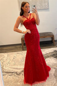 Red Prom Dress 2024 Halter Neck Tulle Lace Appliques