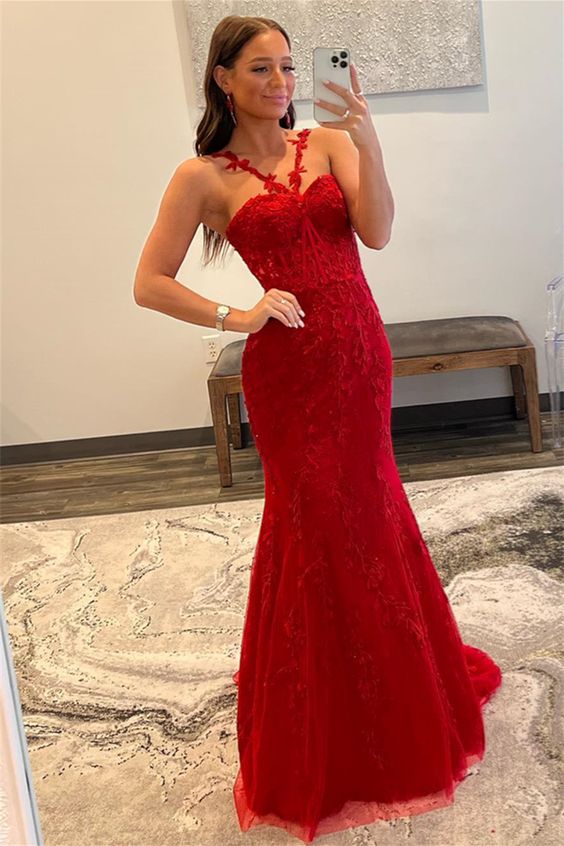 Red Prom Dress 2024 Halter Neck Tulle Lace Appliques 16W / Green Red Prom Dress 2024 Halter Neck Tulle Lace Appliques 16W / Green