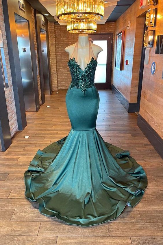 mermaid green prom dresses 2024 Green Prom Dress 2024 Halter Neck Beaded Satin Mermaid 24W / Same as sample