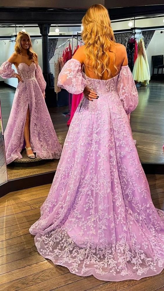 Lilac Prom Dress 2024 Sweetheart Tulle with Sleeves Slit 26W / Custom Color