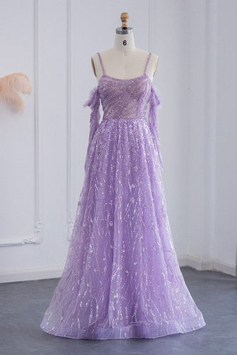 Purple Prom Dress 2024 Off the Shoulder Sequined Long Sleeves