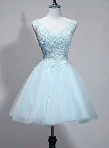 Light Blue Homecoming Dress 2023 Short V Neck Tulle Lace Appliques