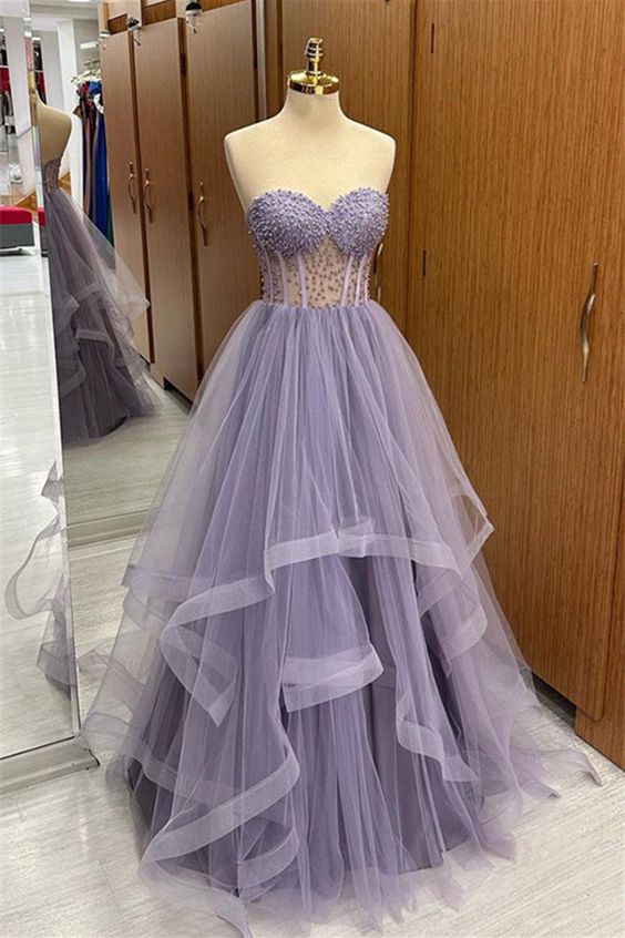 Lilac Prom Dress 2024 Sweetheart Sleeveless Tulle Horsehair