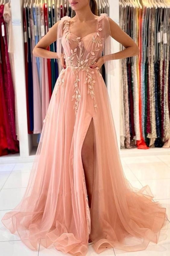 Pink Prom Dress 2024 Sweetheart Straps Tulle with Slit