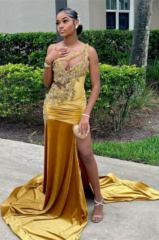 Gold Velvet Black Girls Prom Dress 2025 Gorgeous with Slit 14 / Green Gold Velvet Black Girls Prom Dress 2025 Gorgeous with Slit 14 / Green