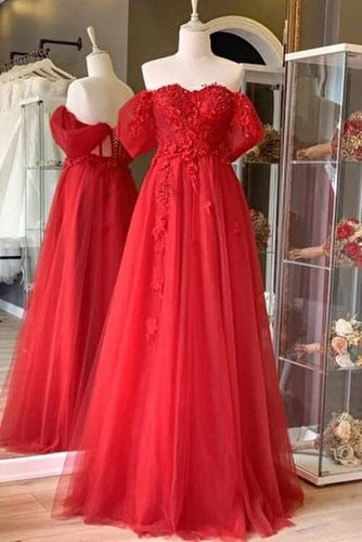Red Prom Dress 2024 Off the Shoulder Tulle Lace Appliques