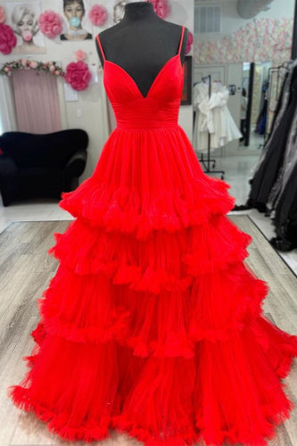 Red Prom Dress 2024 Spaghetti Straps V Neck Tiered Tulle