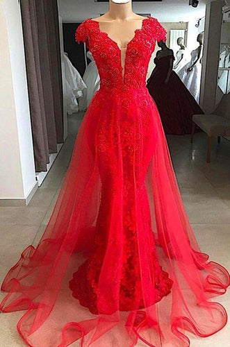 Red Prom Dress 2024 V Neck Beaded Tulle Mermaid