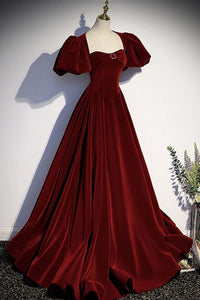Burgundy Prom Dress 2024 Square Neck Velvet with Puffy Sleeves