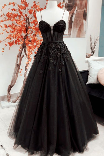 Black Prom Dress 2024 Spaghetti Straps Tulle Beaded