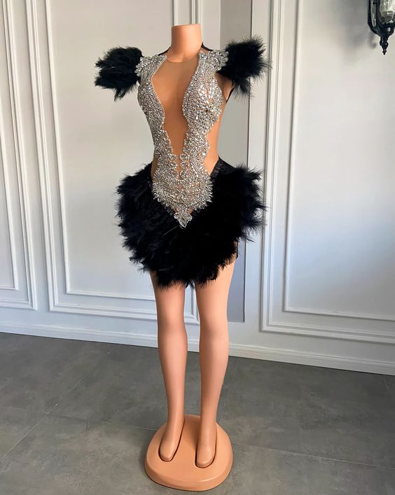 Unique Homecoming Dress 2023 Plunging Neck Sleeveless with Feathers