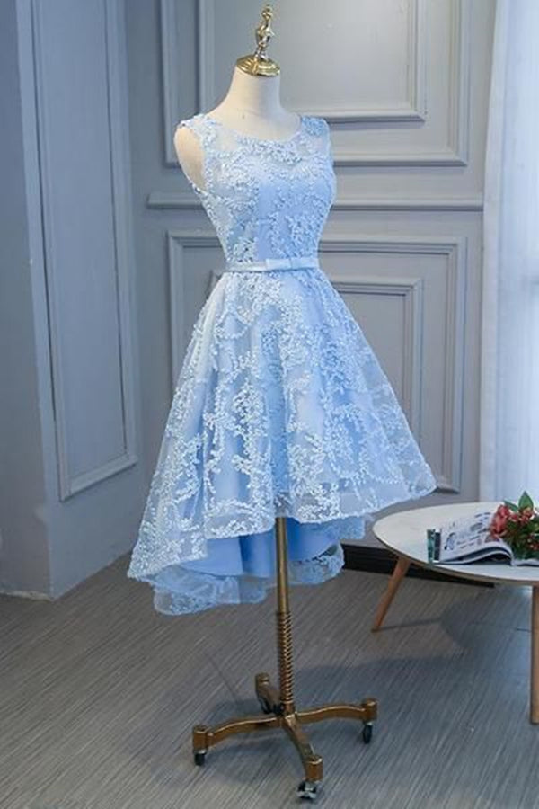 Blue Homecoming Dress 2023 Short Sleeveless Asymmetrical with Bow(s) AnnaCustomDress Blue Homecoming Dress 2023 Short Sleeveless Asymmetrical with Bow(s) AnnaCustomDress