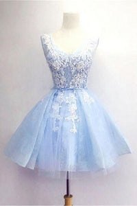 Blue Homecoming Dress 2023 Short V Neck Sleeveless Tulle Lace Appliques