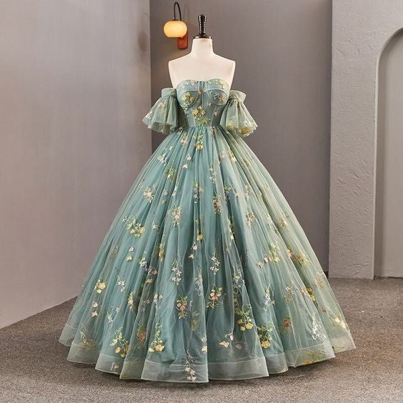Green Prom Dress 2024 Floral Off the Shoulder Tulle with Sleeves