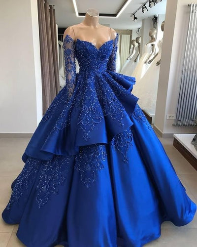 Royal Blue Prom Dress 2024 Beaded Off the Shoulder Satin Long Sleeves
