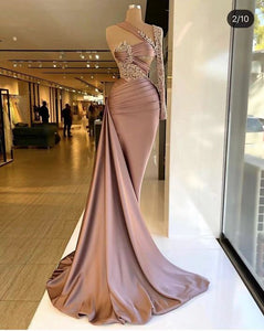 Dusty Pink Prom Dress 2024 One-shoulder Satin Long Sleeve