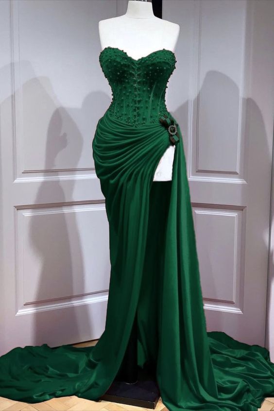 Green Prom Dress 2024 Sweetheart Beaded Satin High Split – AnnaCustomDress