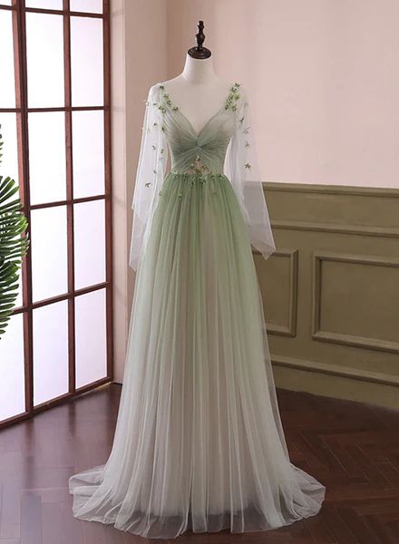 Light Green Prom Dress 2024 V Neck Tulle Long Sleeves