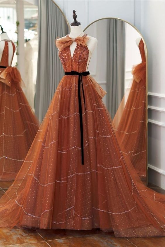 slim fit dress slacks Elegant Orange Halter A-Line Long Party Dress – FancyVestido main image 1