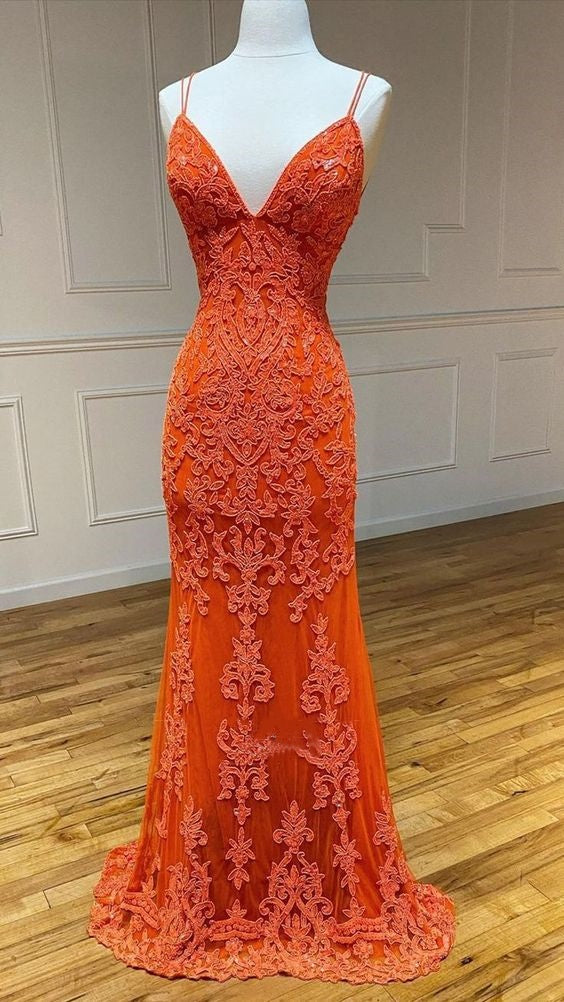 Burnt Orange Prom Dress 2024 Spaghetti Straps Lace Appliques 26W / Custom Color