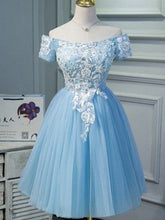 Load image into Gallery viewer, Blue Homecoming Dress 2023 Short Off the Shoulder Tulle Lace Appliques
