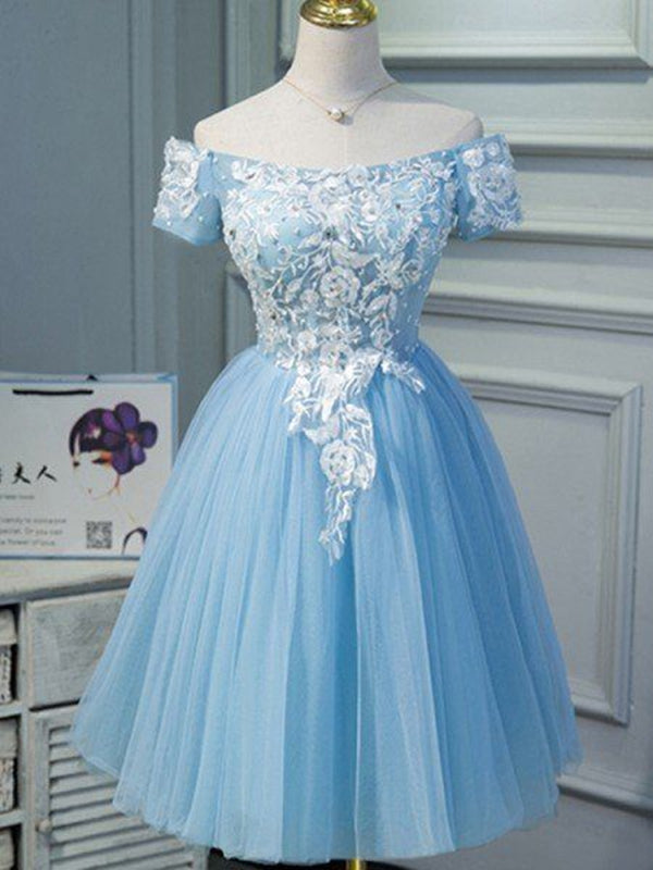 Blue Homecoming Dress 2023 Short Off the Shoulder Tulle Lace Appliques AnnaCustomDress Blue Homecoming Dress 2023 Short Off the Shoulder Tulle Lace Appliques AnnaCustomDress