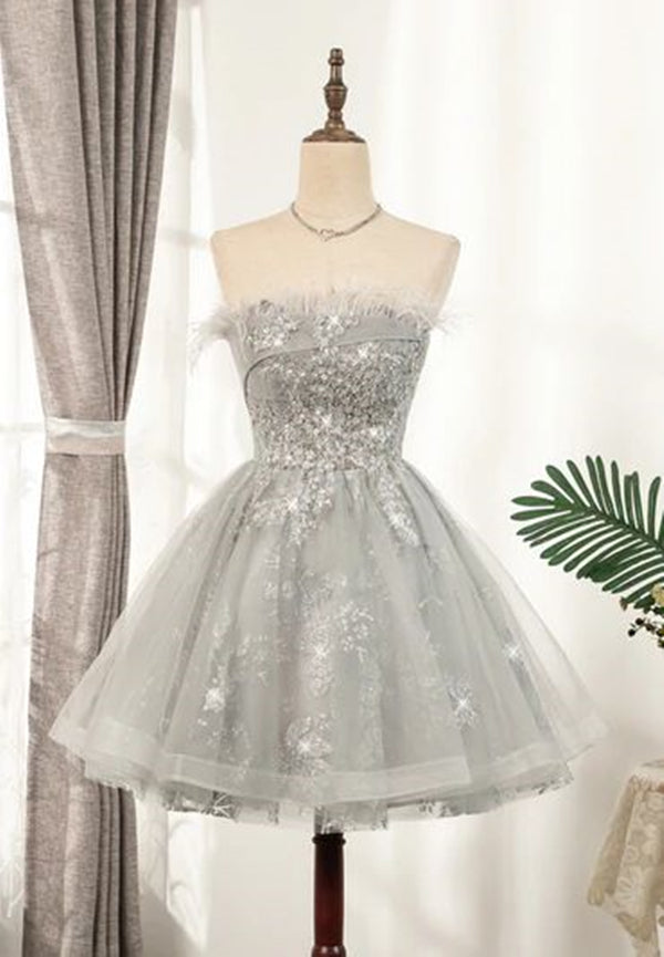 Fairy Homecoming Dress 2023 Short Strapless Sparkle with Feathers
