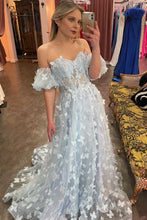 Load image into Gallery viewer, Light Blue Prom Dress 2024 Off the Shoulder Butterfly Tulle